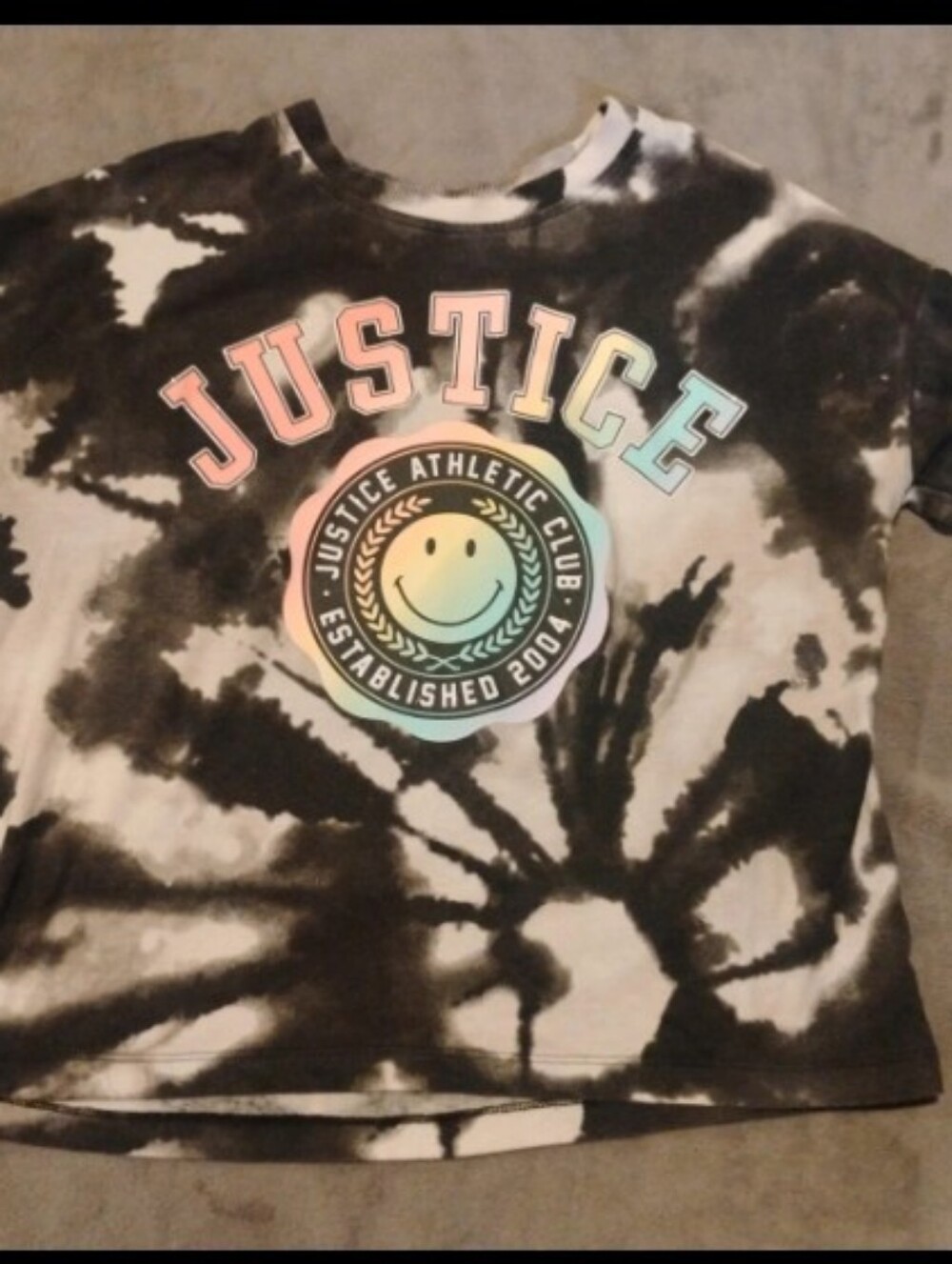 Justice Girls Black White Tie Dye Graphic Tee Shirt Smiley Face - XL 16/18